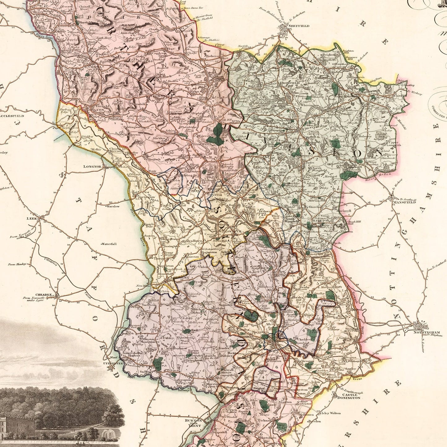 Vintage Map of Derby, England, 1830