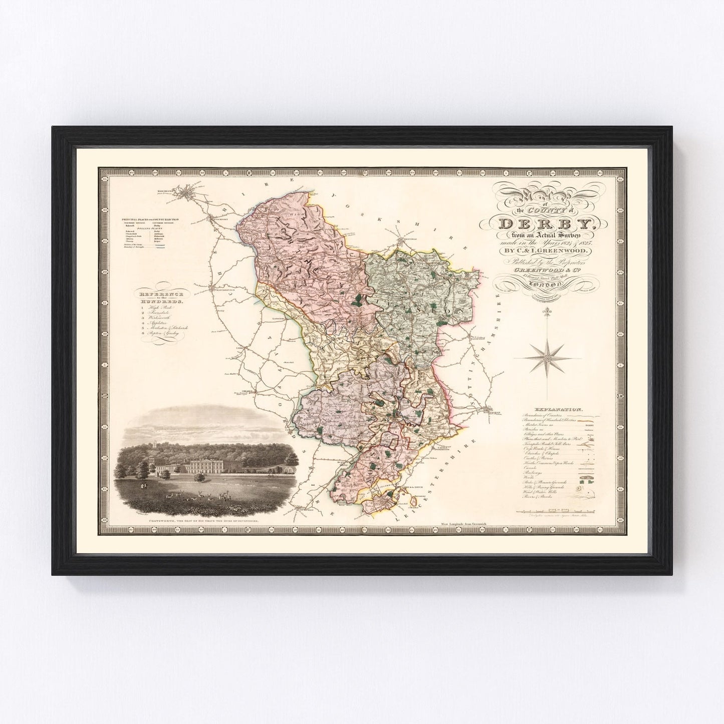 vintage map of Derby, England, 1830