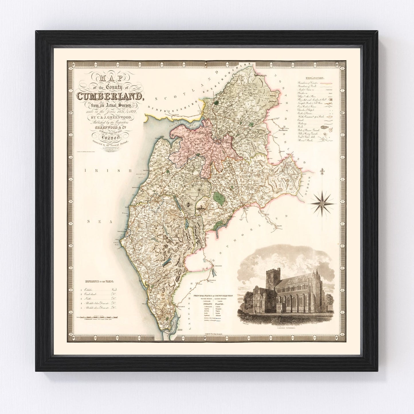 Vintage restored map of Cumberland, England, 1830, Regency-era Lake District cartography