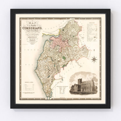 Vintage restored map of Cumberland, England, 1830, Regency-era Lake District cartography