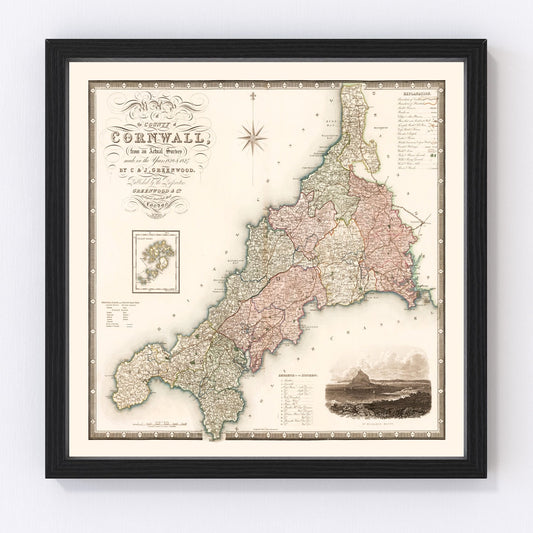 vintage map of Cornwall, England, 1829