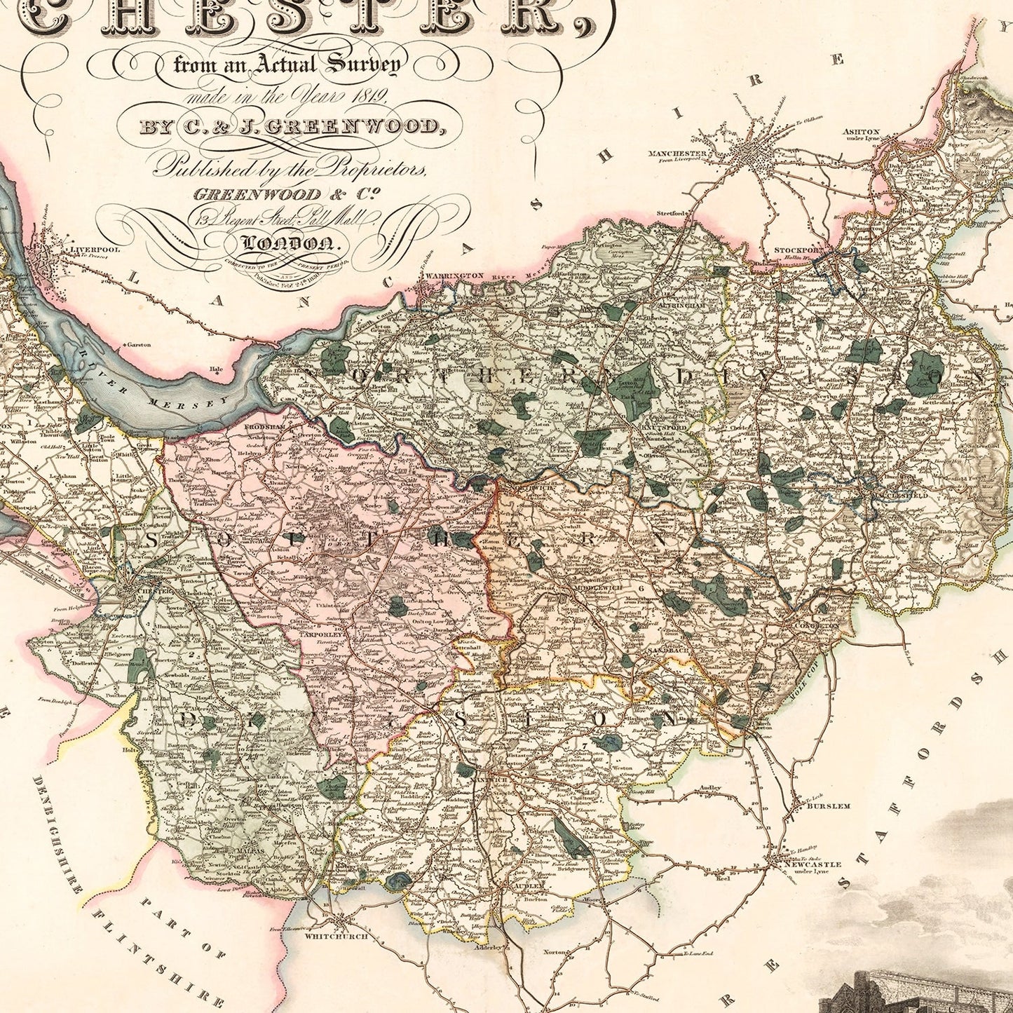 Vintage Map of Cheshire, England, 1830