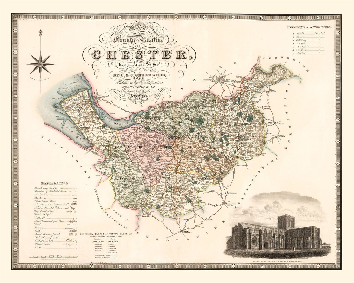 Vintage Map of Cheshire, England, 1830
