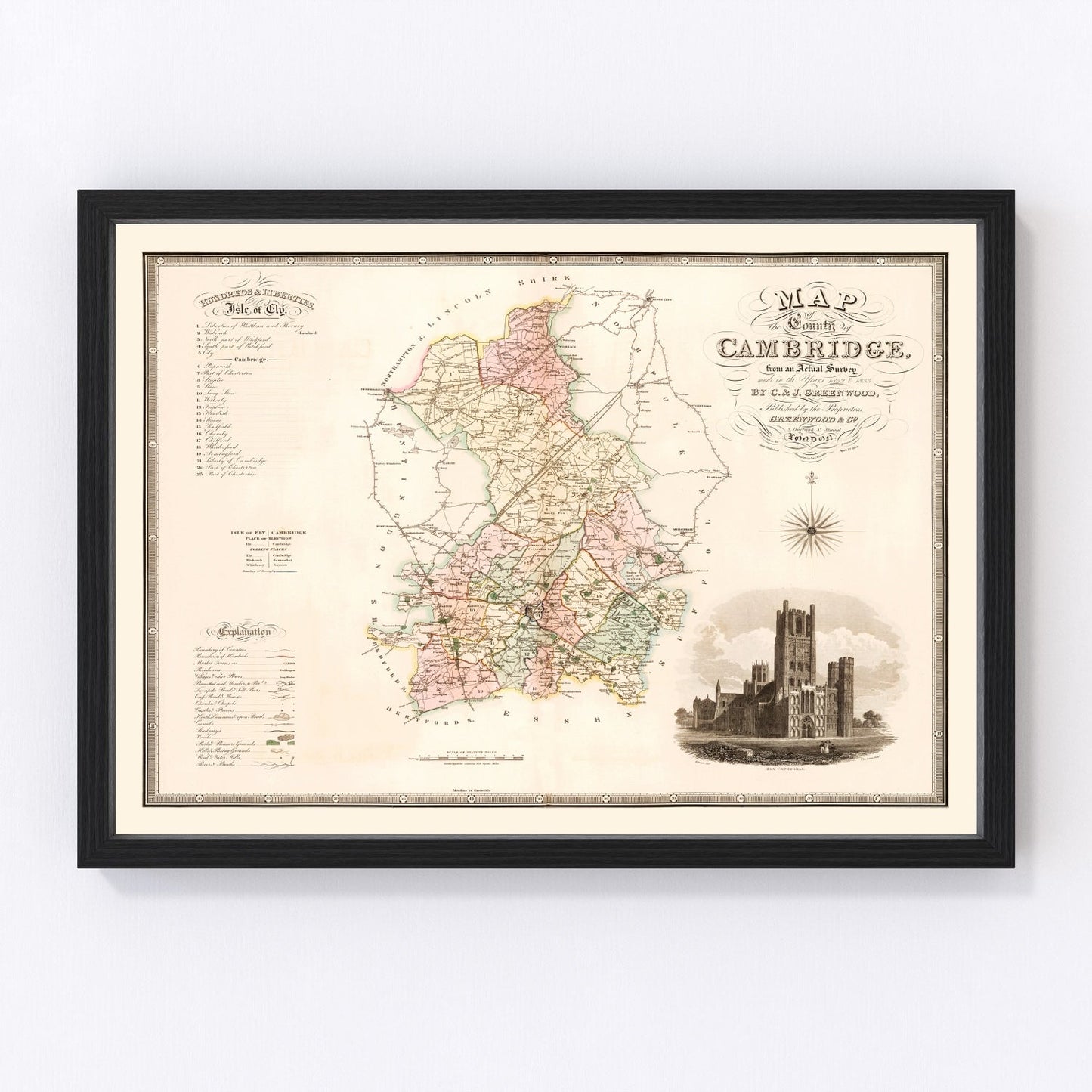 Vintage map of Cambridge, England, 1834, Regency-era university restored print