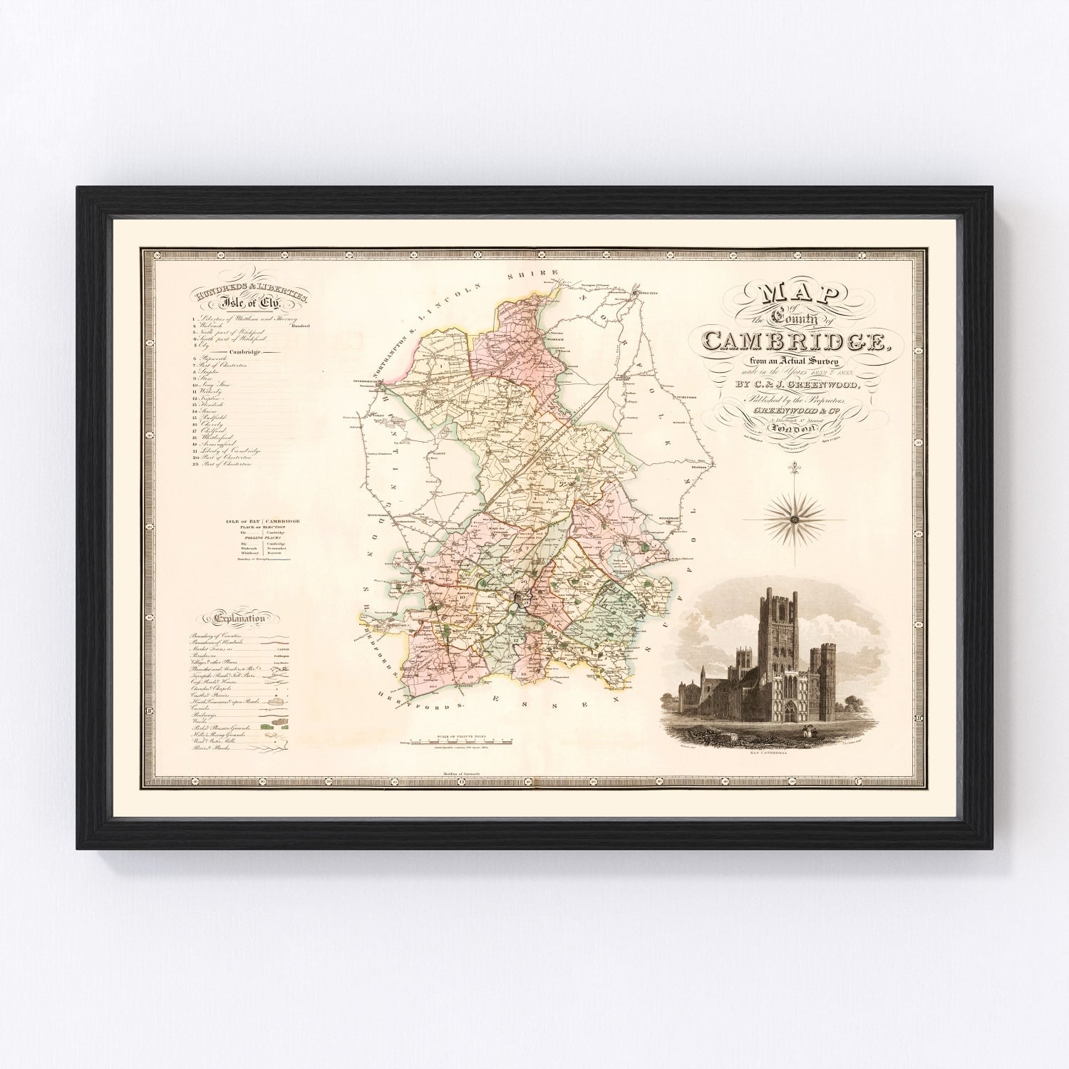 Vintage map of Cambridge, England, 1834, Regency-era university restored print