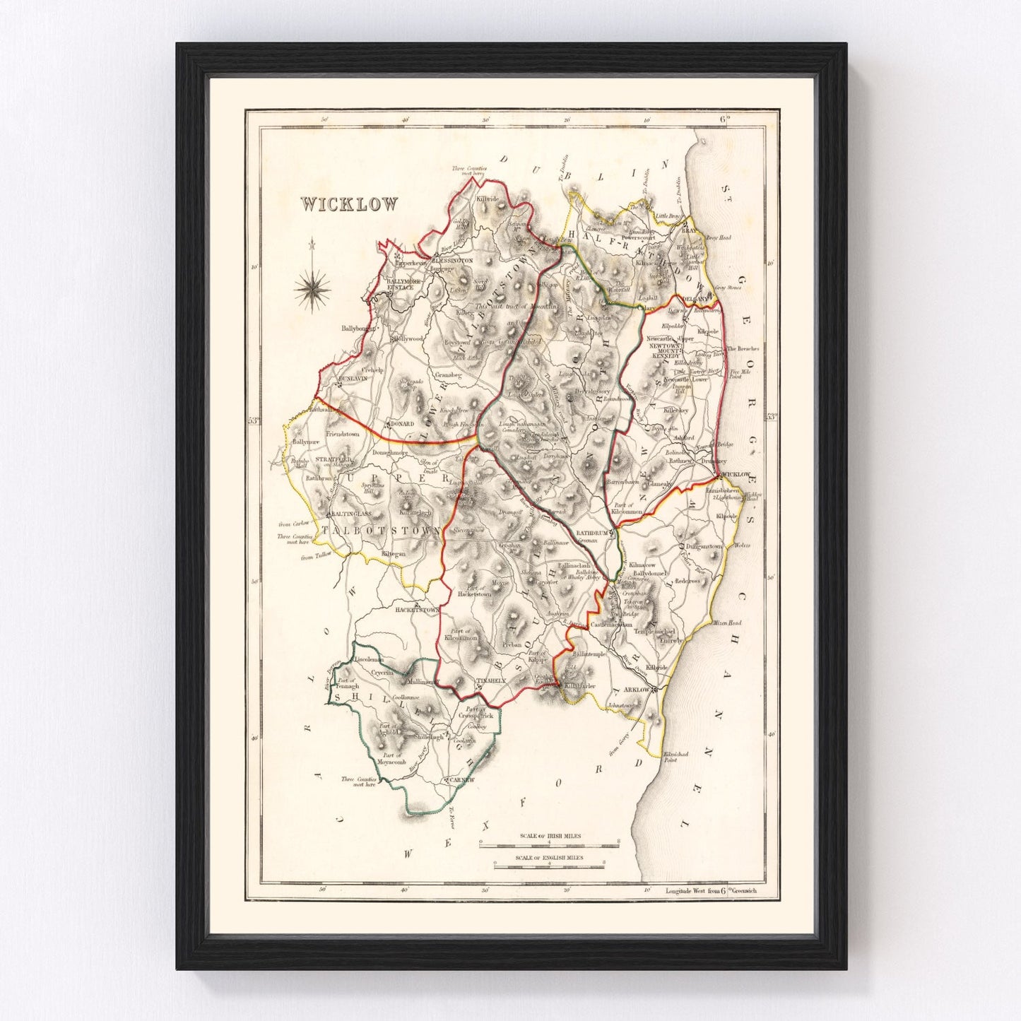 Vintage map of County Wicklow, Ireland, 1846, mountains, valleys, and coastline