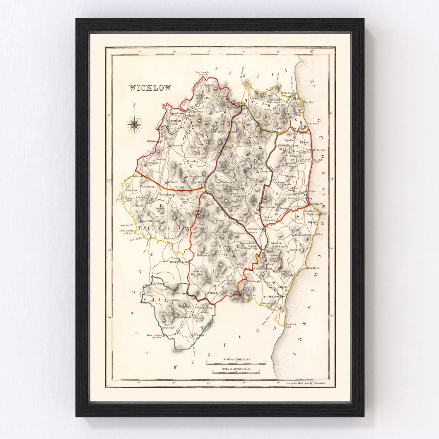 Vintage map of County Wicklow, Ireland, 1846, mountains, valleys, and coastline