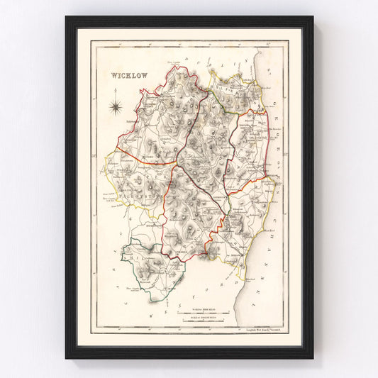 Vintage map of County Wicklow, Ireland, 1846, mountains, valleys, and coastline