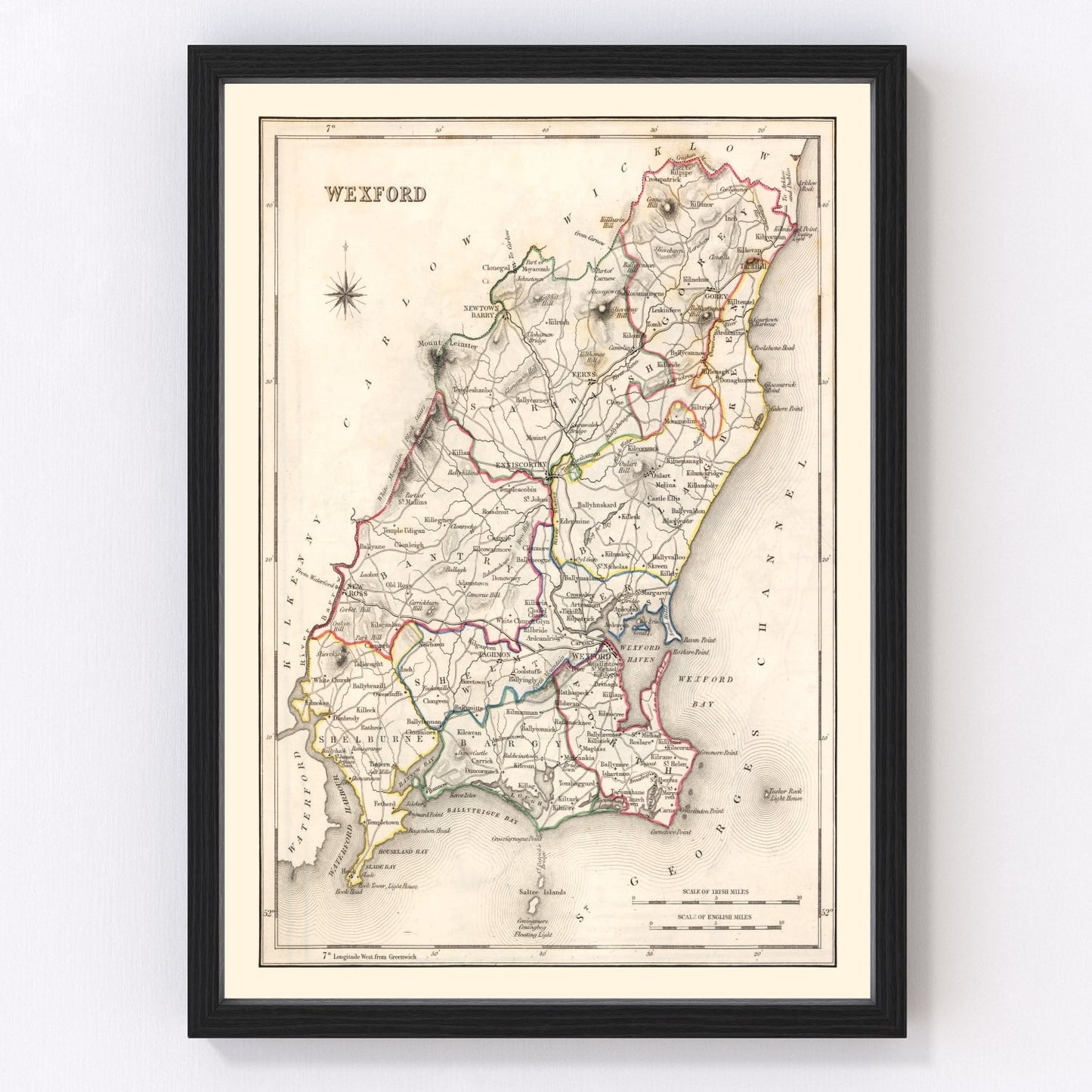 Vintage map of County Wexford, Ireland, 1846, coastline and river valleys