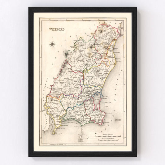 Vintage map of County Wexford, Ireland, 1846, coastline and river valleys