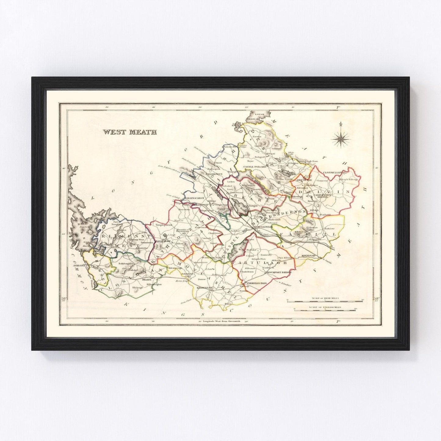 Vintage map of County Westmeath, Ireland, 1846, Irish Midlands lakes and market towns