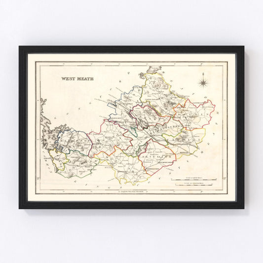 Vintage map of County Westmeath, Ireland, 1846, Irish Midlands lakes and market towns