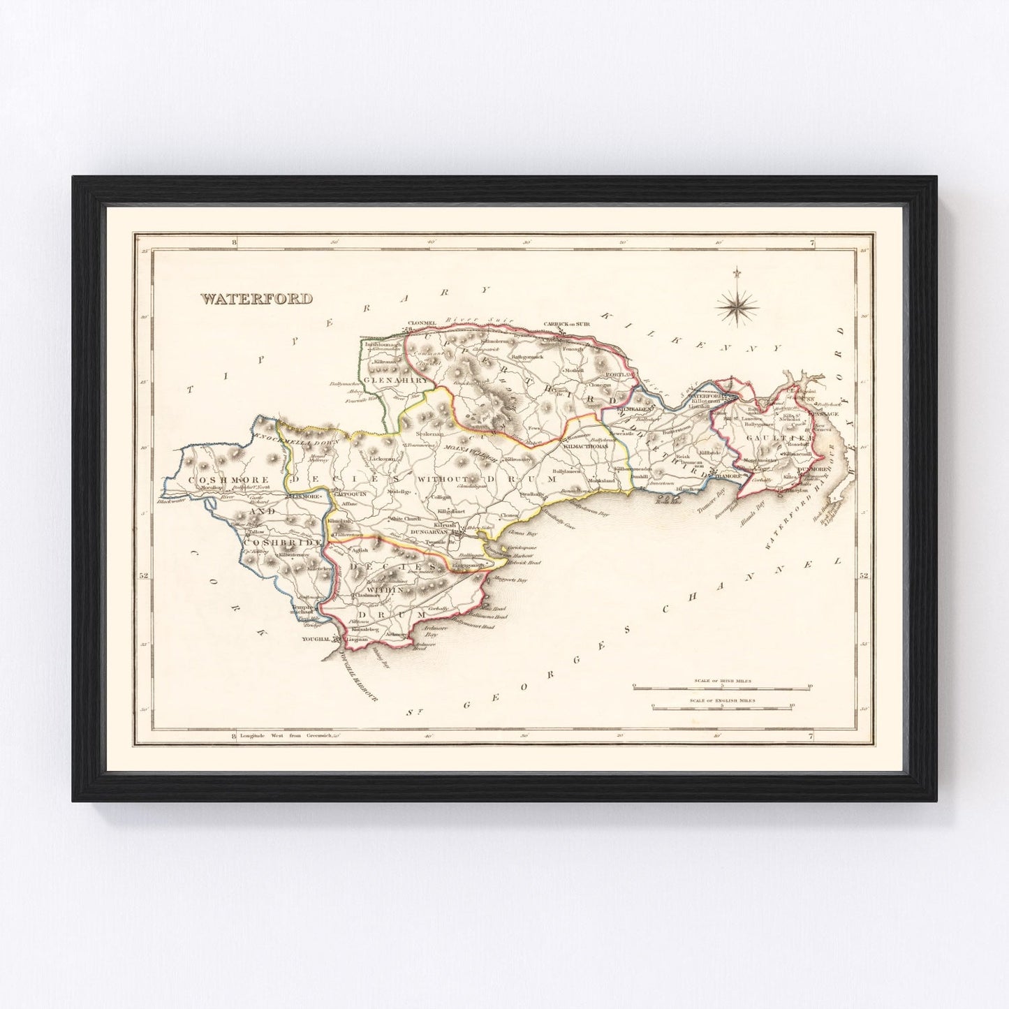 Vintage map of County Waterford, Ireland, 1846 - harbor and Suir River restored print