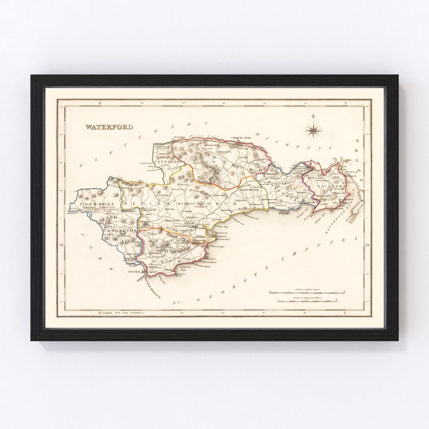 Vintage map of County Waterford, Ireland, 1846 - harbor and Suir River restored print