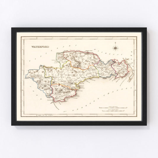 Vintage map of County Waterford, Ireland, 1846 - harbor and Suir River restored print