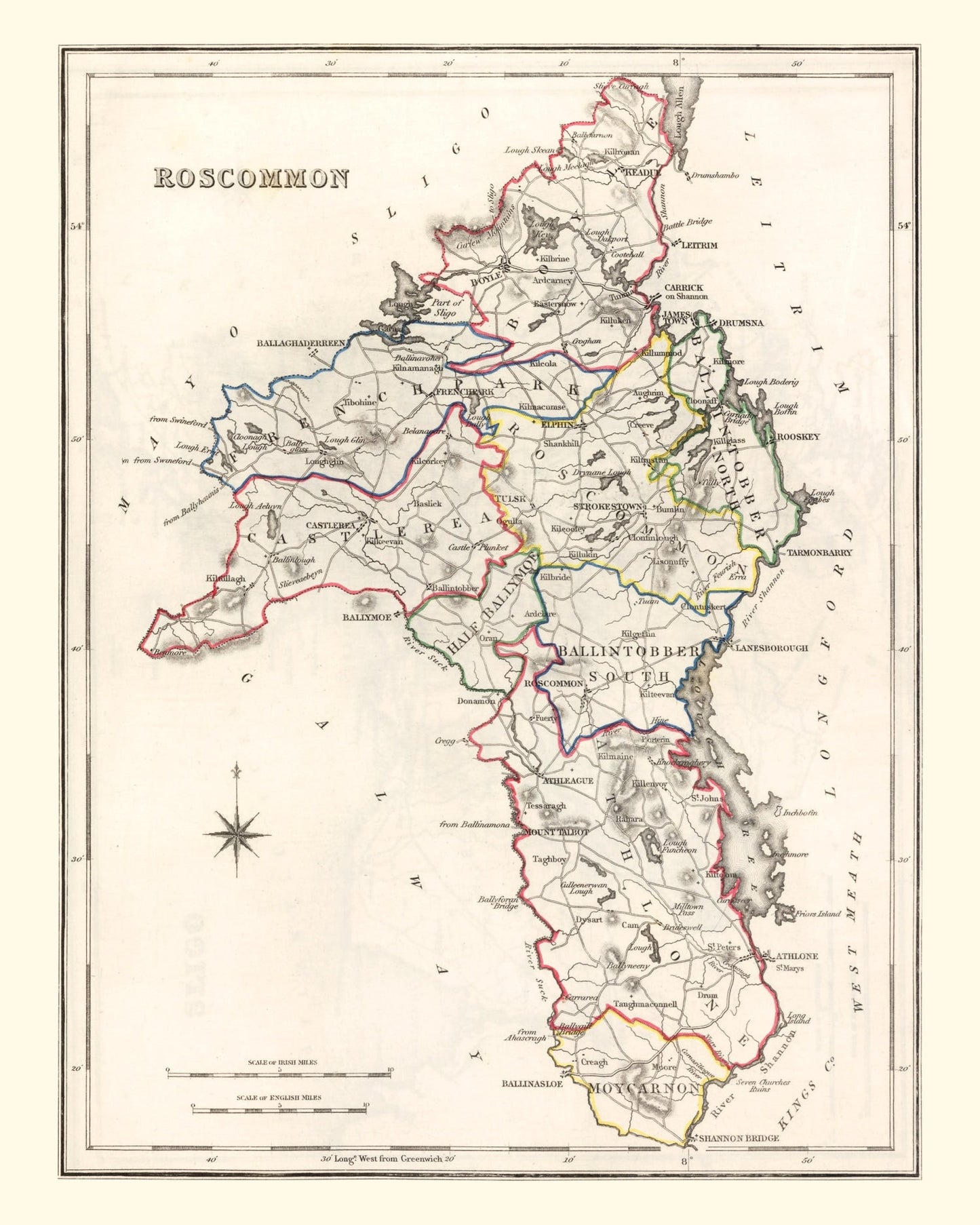 Vintage Map of Roscommon County, Ireland, 1846