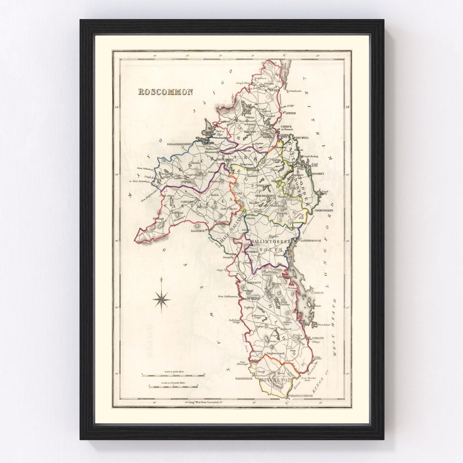 Vintage map of Roscommon County, Ireland, 1846