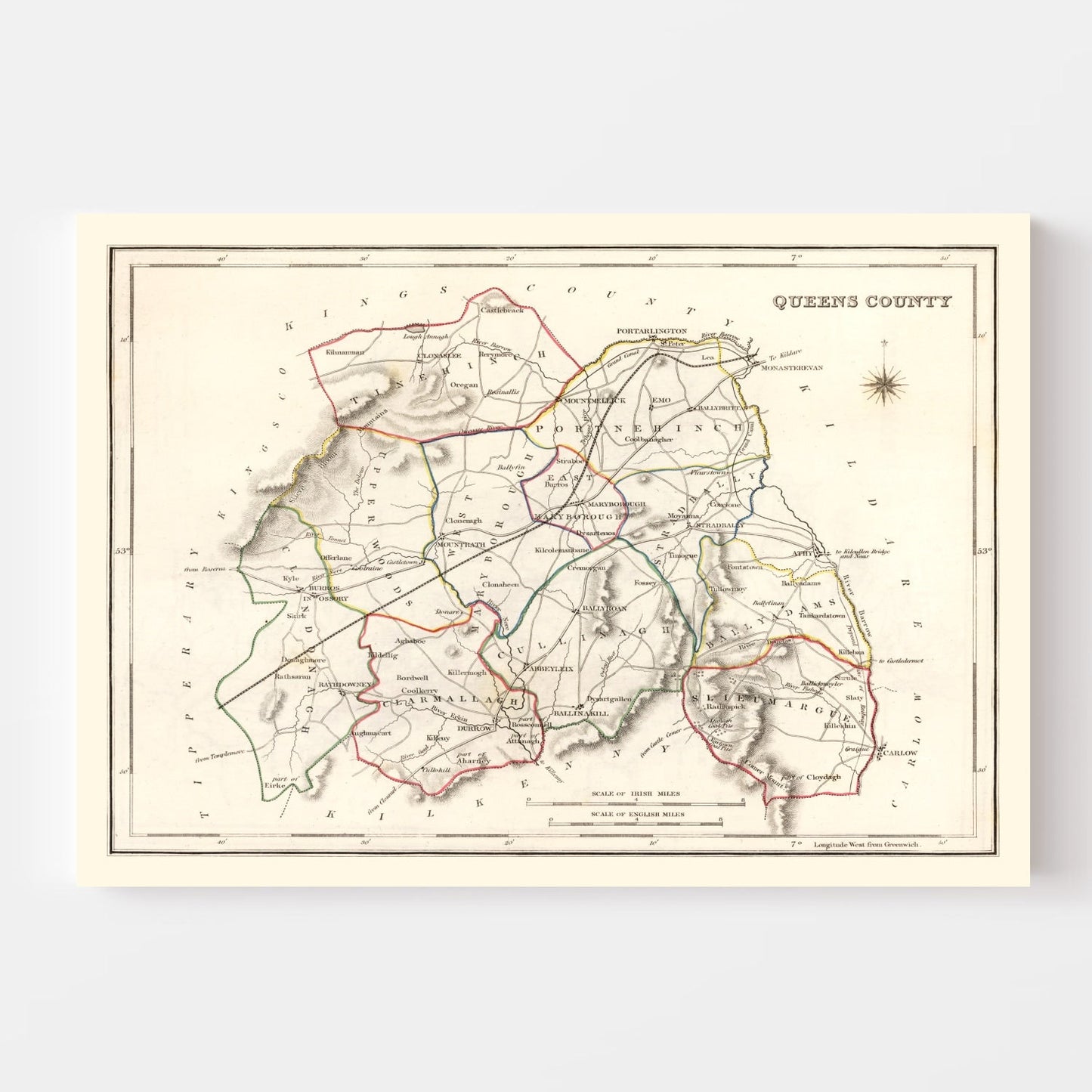 Vintage Map of Queens County, Ireland, 1846