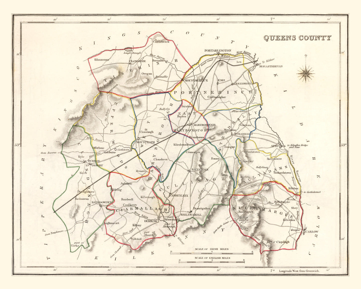 Vintage Map of Queens County, Ireland, 1846