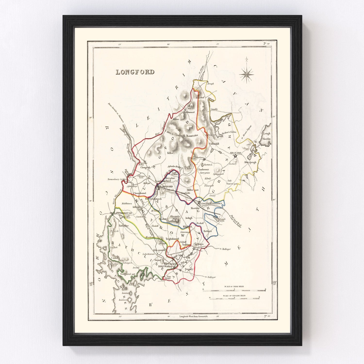 vintage map of Longford County, Ireland, 1846