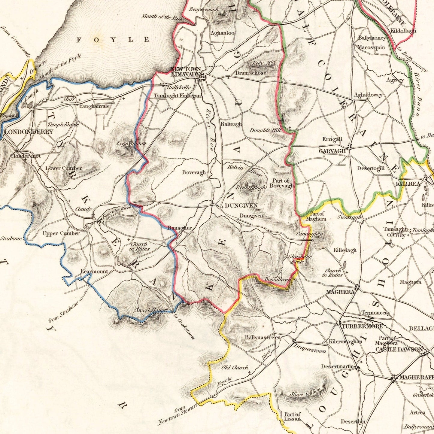 Vintage Map of Londonderry County, Ireland, 1846