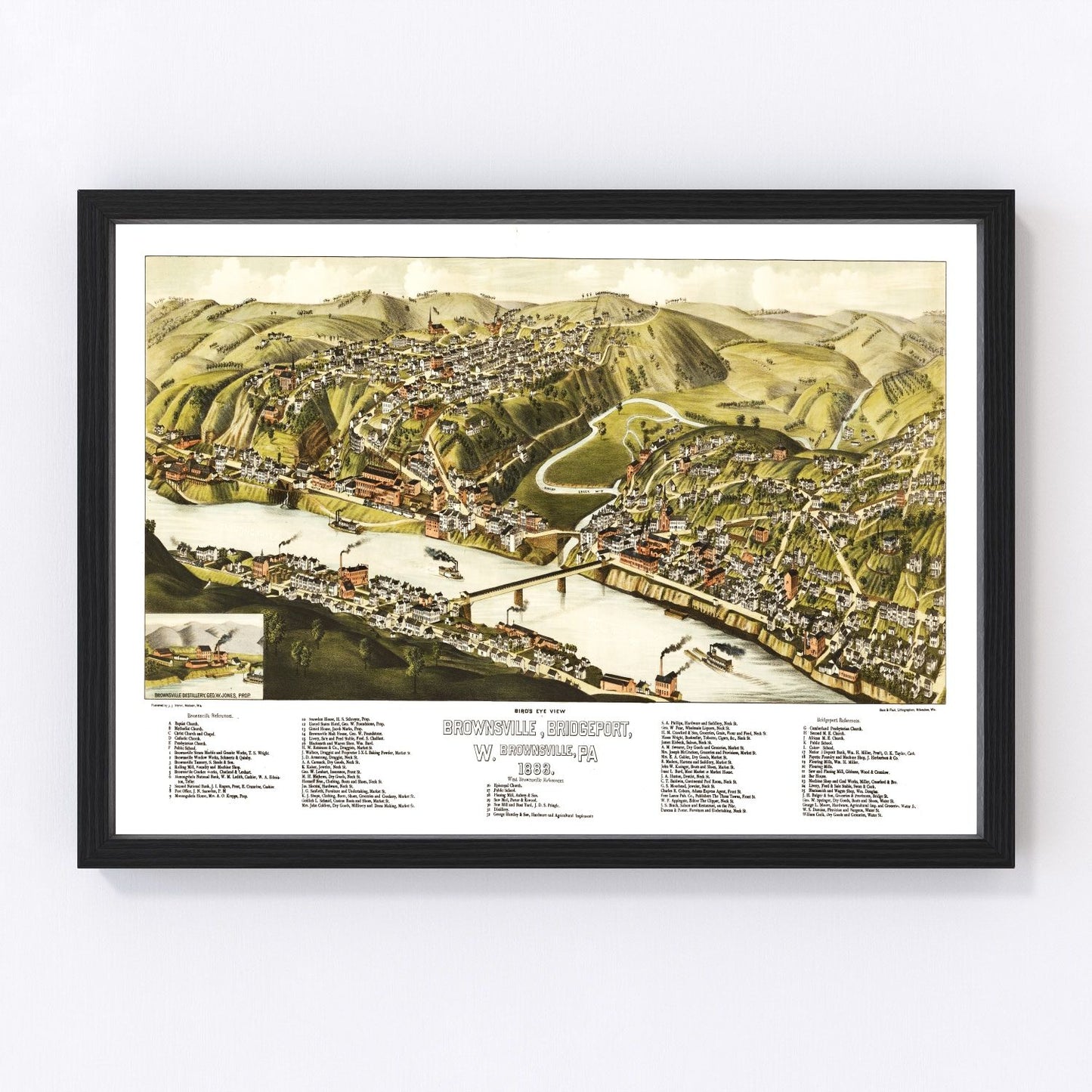 Vintage map of Brownsville, Pennsylvania, 1883, Fayette County