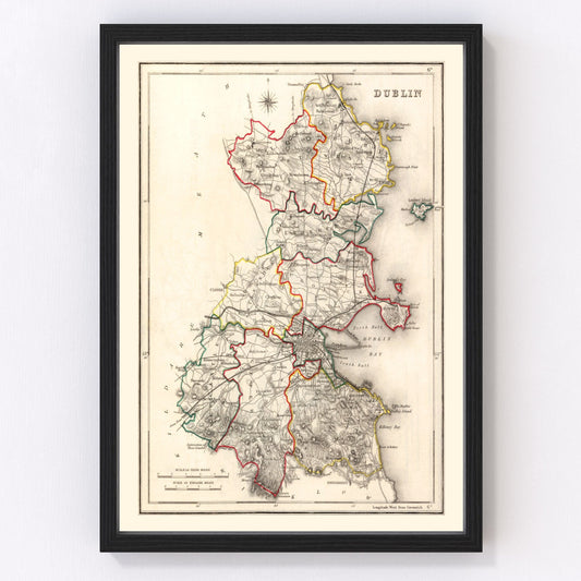 Vintage map of County Dublin, Ireland, 1846