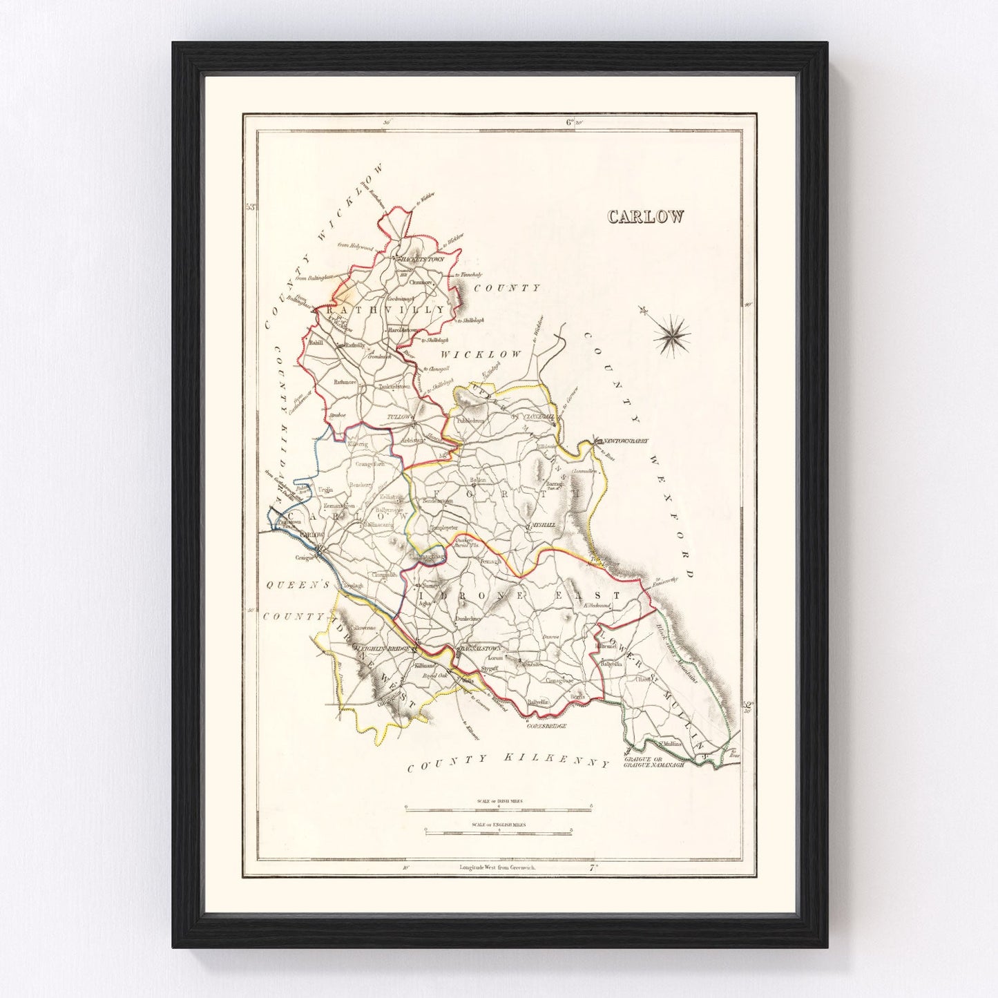 Vintage map of Carlow County, Ireland, 1846, restored vintage wall art print