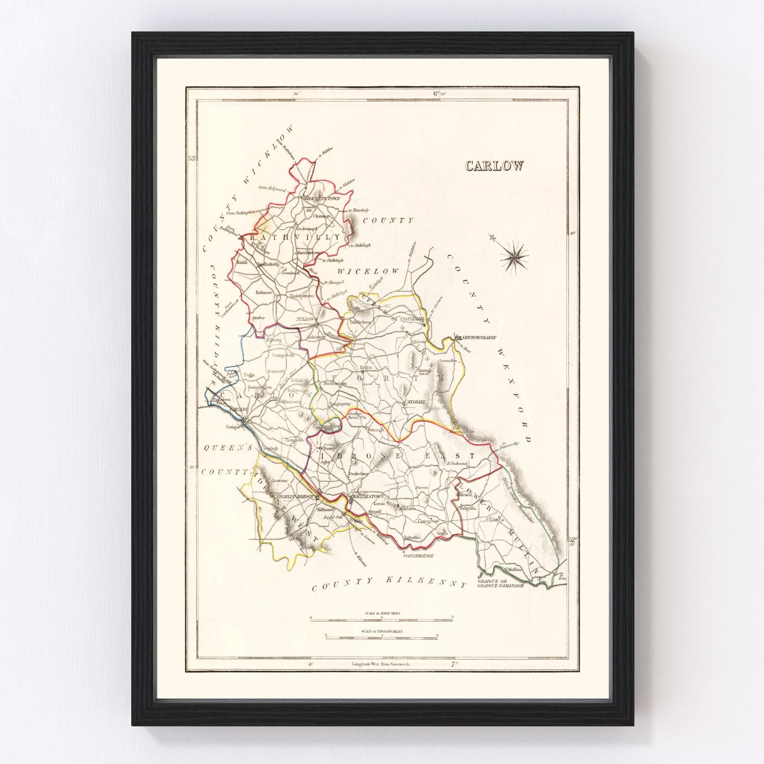 Vintage map of Carlow County, Ireland, 1846, restored vintage wall art print