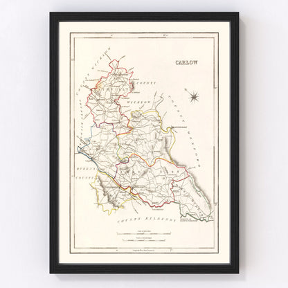 Vintage map of Carlow County, Ireland, 1846, restored vintage wall art print