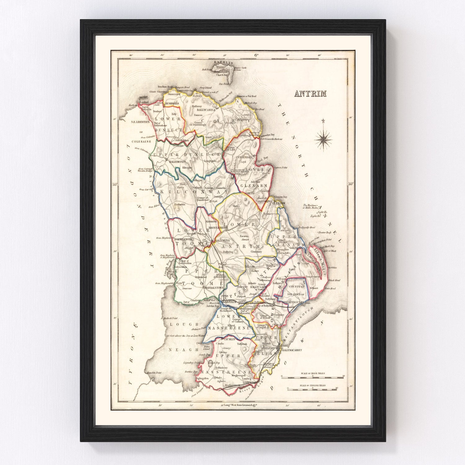 Restored vintage map of County Antrim, Ireland, 1846