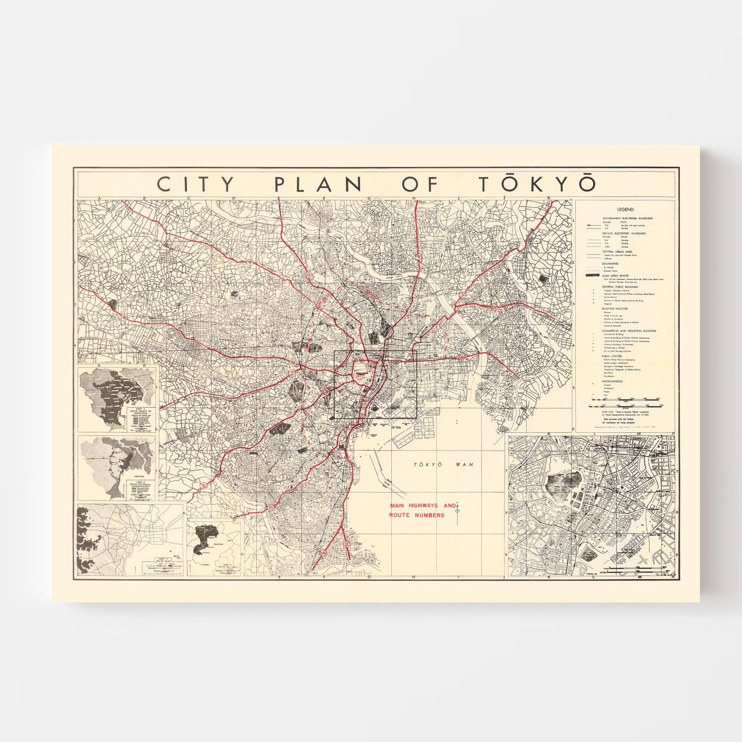 Vintage Map of Tokyo, Japan, 1945