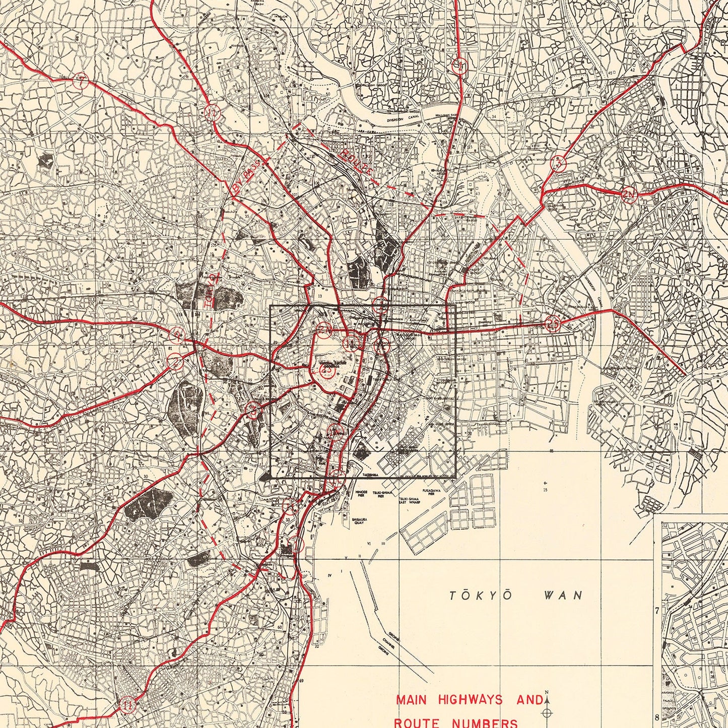 Vintage Map of Tokyo, Japan, 1945