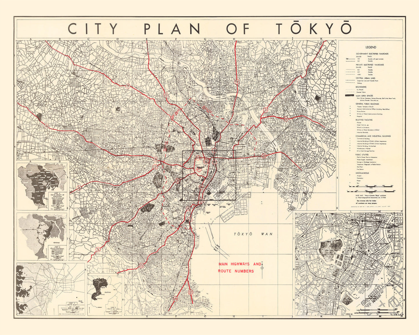 Vintage Map of Tokyo, Japan, 1945