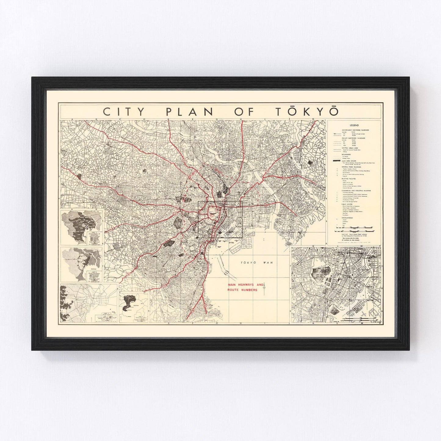 Vintage map of Tokyo, Japan, 1945