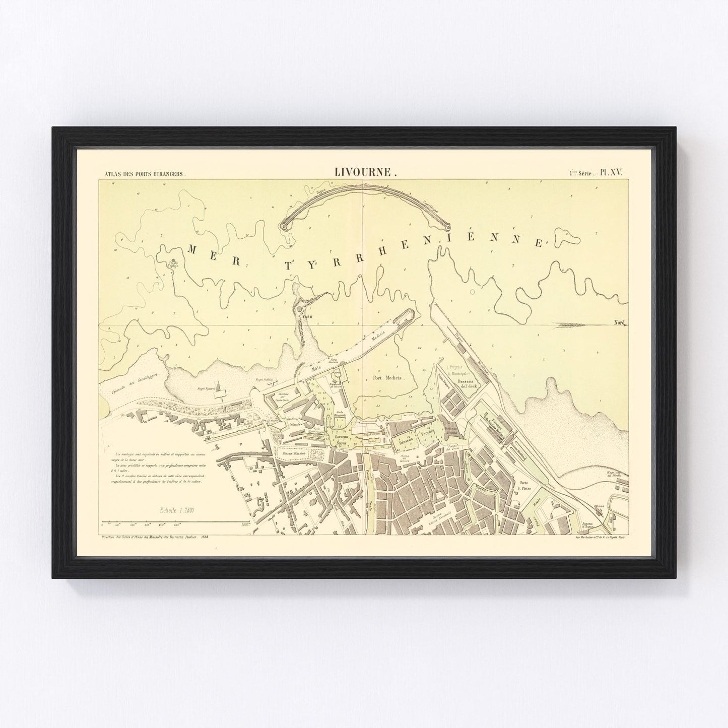 vintage map of Livorno, Italy, 1884
