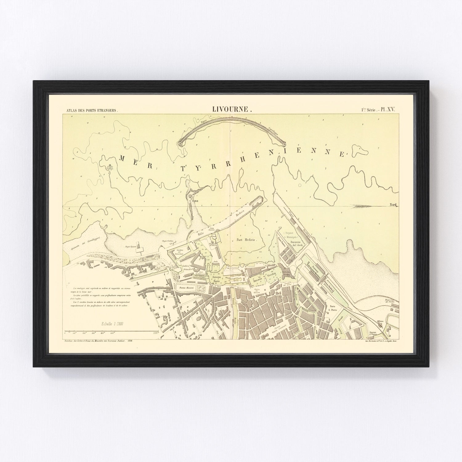 vintage map of Livorno, Italy, 1884