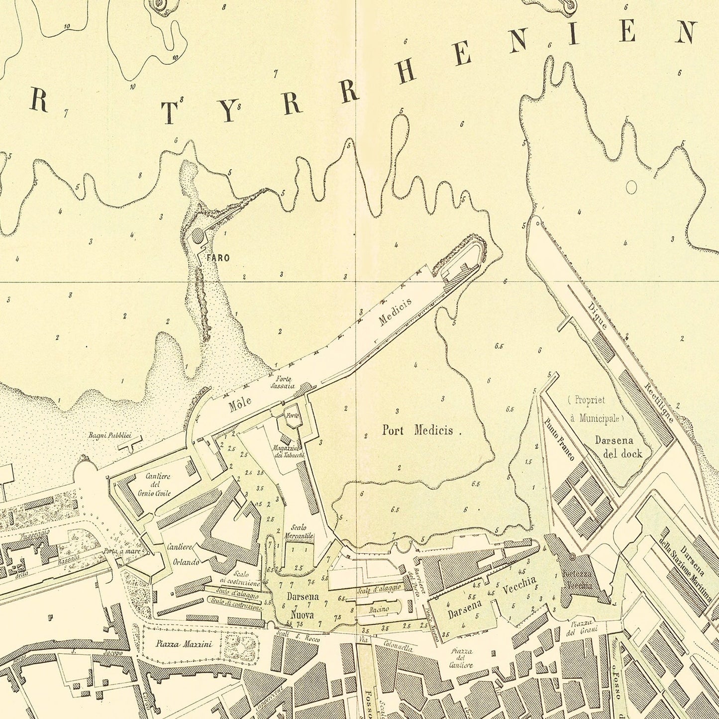 Vintage Map of Livorno, Italy, 1884