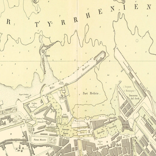 Vintage Map of Livorno, Italy, 1884