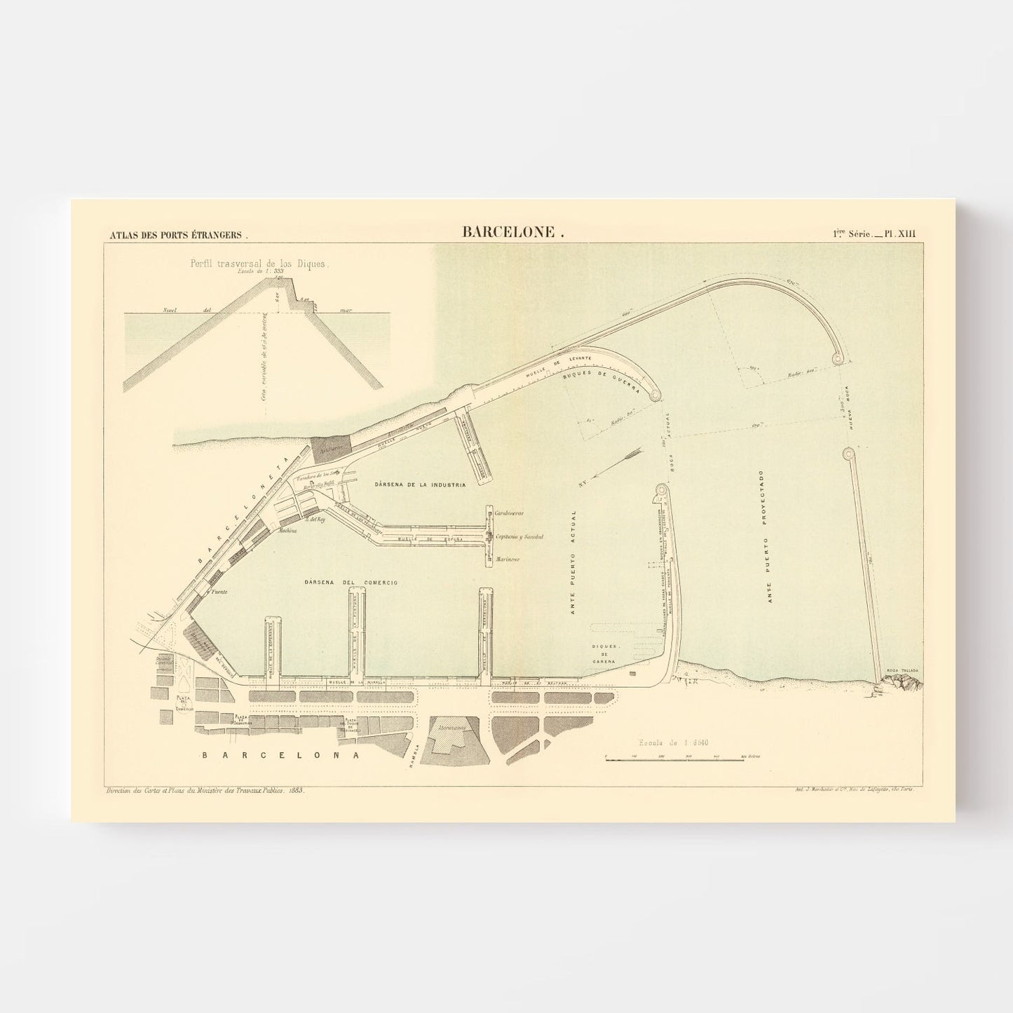 Vintage Map of Barcelona, Spain, 1883