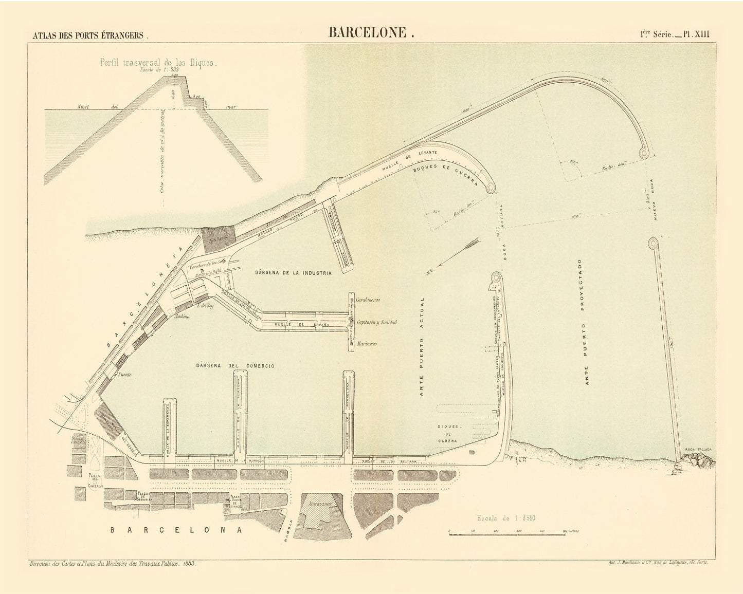 Vintage Map of Barcelona, Spain, 1883