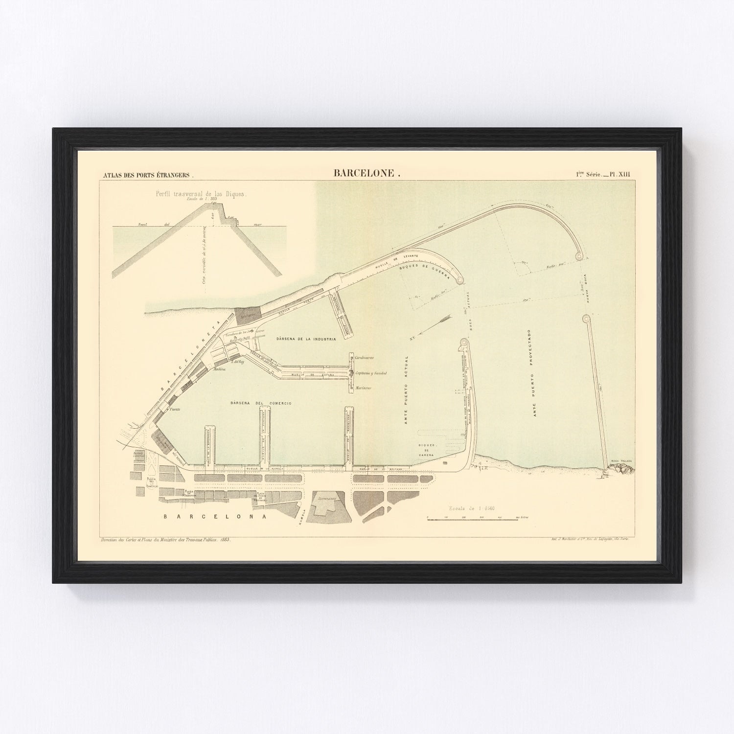 Vintage map of Barcelona, Spain, 1883