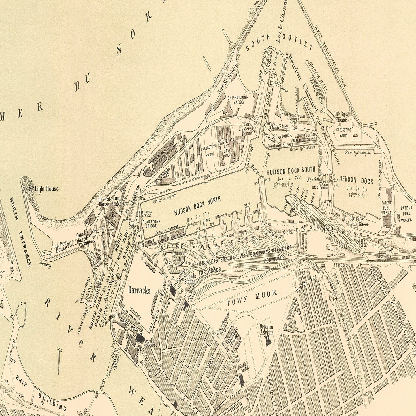 Vintage Map of Sunderland, England, 1884