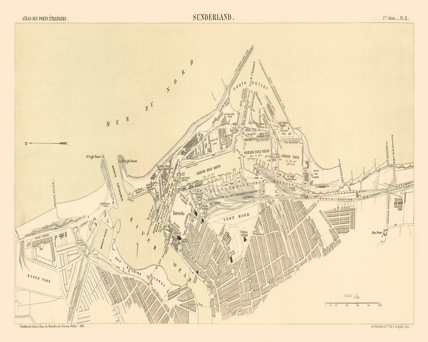 Vintage Map of Sunderland, England, 1884