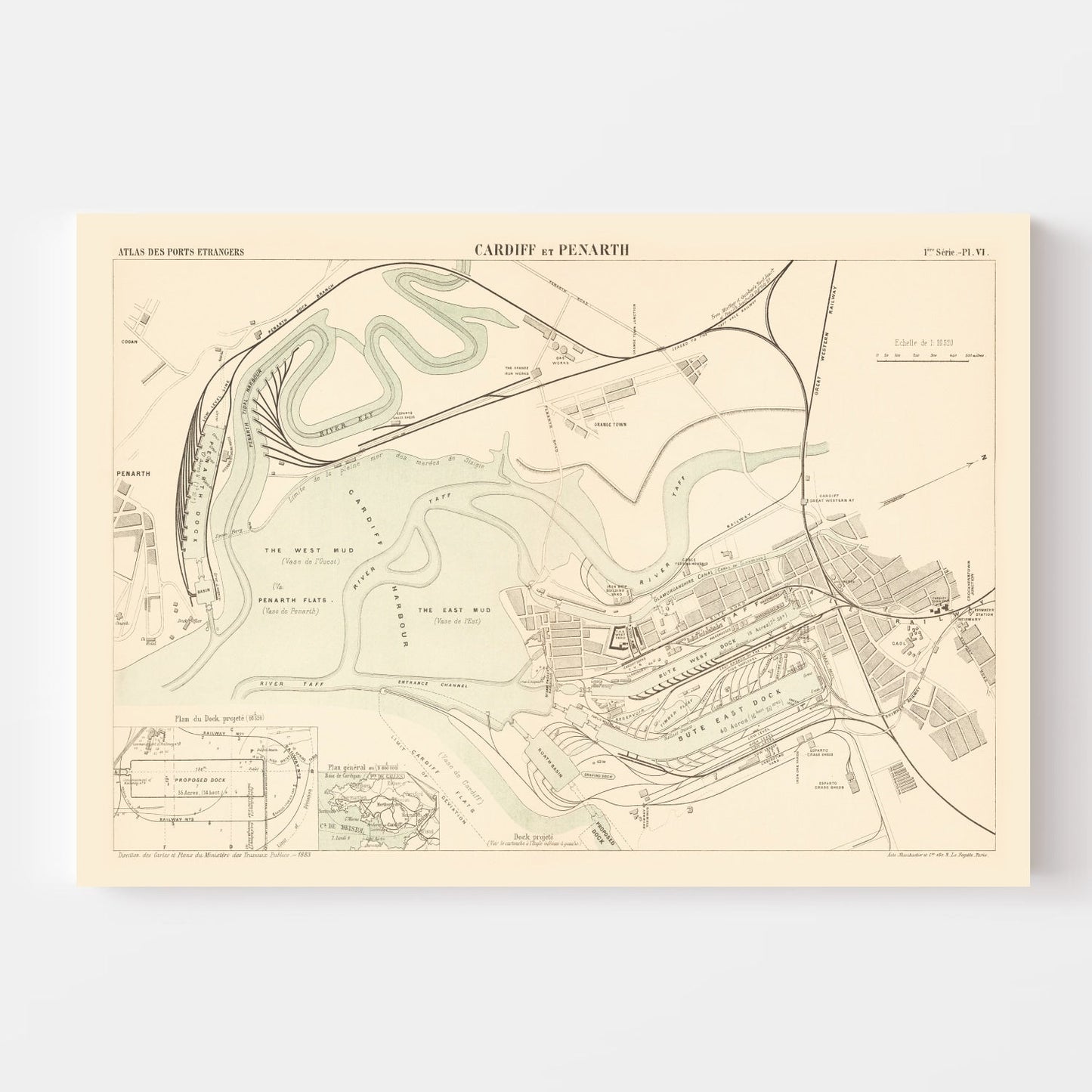 Vintage Map of Cardiff, Wales, 1883