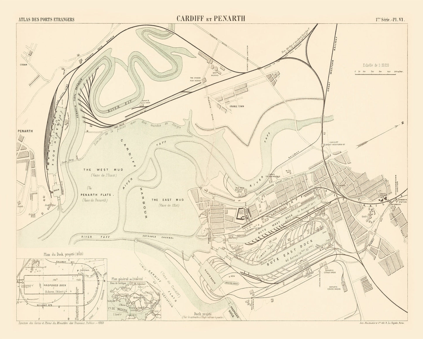 Vintage Map of Cardiff, Wales, 1883