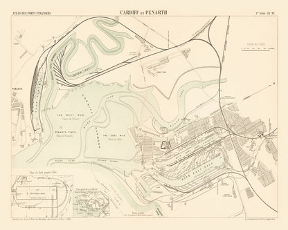 Vintage Map of Cardiff, Wales, 1883