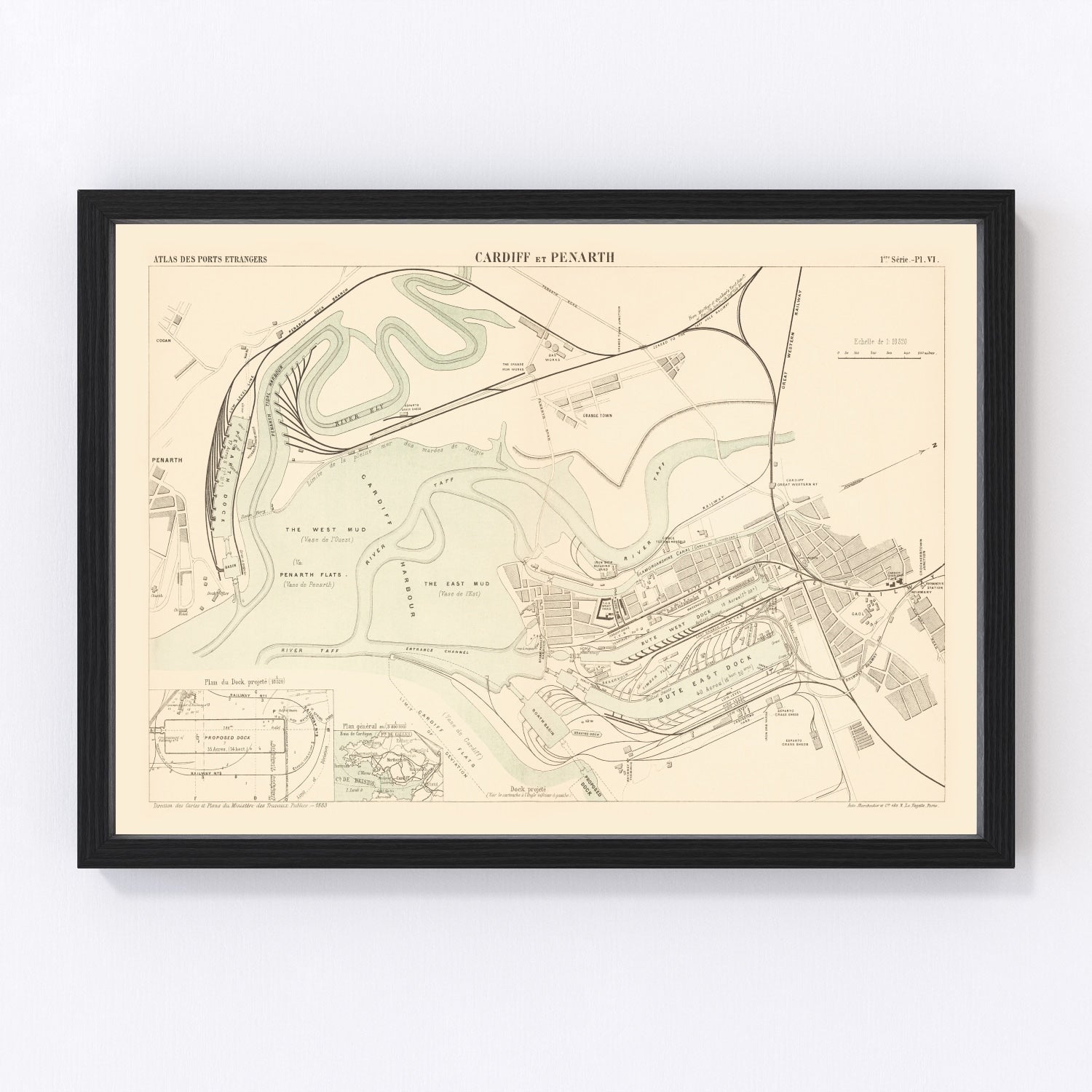 Vintage map of Cardiff, Wales, 1883, restored vintage wall art print