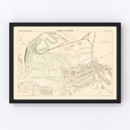Vintage map of Cardiff, Wales, 1883, restored vintage wall art print