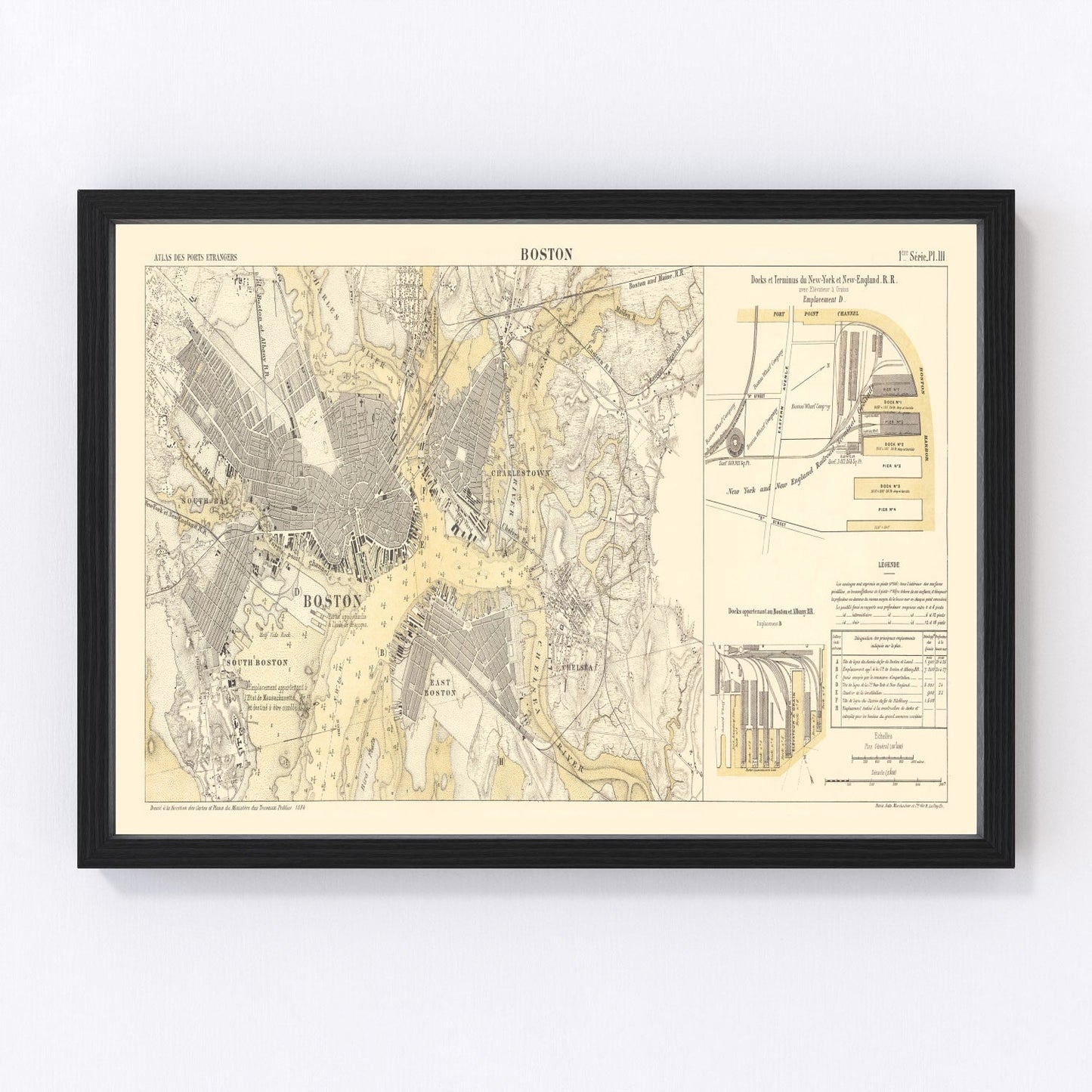 vintage map of Boston Massachusetts 1884, restored print wall art